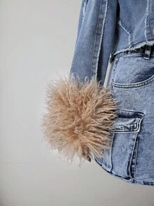 Sunspun 加大码女式牛仔蓝色牛仔弹力性感仿毛领修身夹克，牛仔竞技服装 - 中等水洗藍 - 查看 5