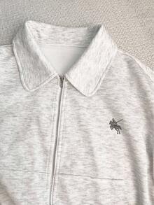 SHEIN 女士骑士刺绣休闲复古时尚拉链连帽夹克，适合秋冬季、通勤、户外、运动，适合兄弟姐妹、母亲节的礼物 - 灰色 - 查看 4