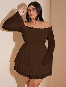 SHEIN BAE 大码秋季甜美性感白色荷叶边纹理露肩长袖褶皱分层荷叶边迷你连衣裙 - 咖啡棕 - 查看 5
