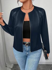 SHEIN PETITE CURVE 大码女式经典百搭 PU 皮夹克，小号系列 - 藏蓝色 - 查看 6