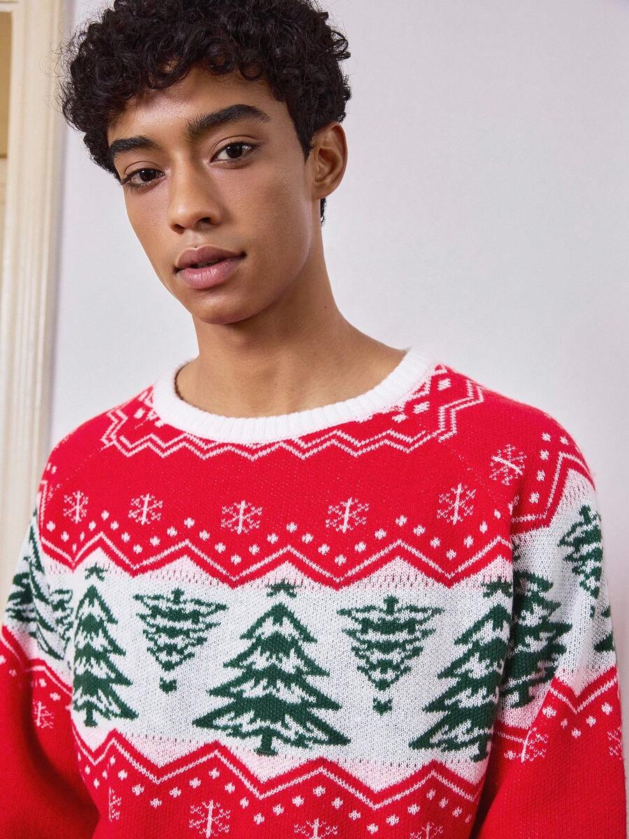 SWAVVY Men's Fashionable Long Sleeve Christmas Tree & Snowflake Pattern Crew Neck Sweater, For Fall Winter - Red - View 1