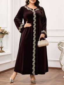 Al Najma Vestido elegante de estilo árabe con aplicaciones decorativas, de manga larga y holgado para mujer de talla grande - Café integral - Ver 4