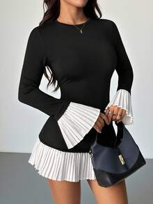 SHEIN PETITE Rochie de vară scurtă și elegantă pentru femei, cu guler rotund și mânecă lungă, culoare solidă, cu imprimeu floral, stil casual - Negru - Vizualizare 1