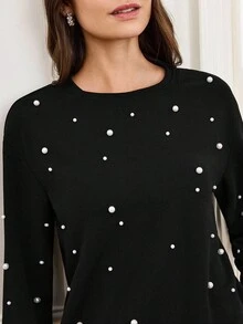Miaspire Drop Shoulder Faux Pearls Beaded Pullover,Long Sleeve Tops - Black - View 7