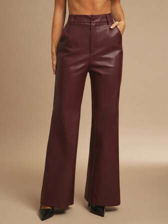 Silquee Autumn And Winter Women's Wine Red Elegant And Fashionable Commuting Simple PU Leather High Waist Flared Pants Suitable For Dating, Parties, Daily Outings,Cozy Fall And Winter Clothes For Women