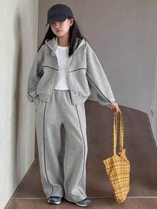 DAZY 两件套少女连帽针织抓绒卫衣裤套装，秋冬季 - 灰色 - 查看 1