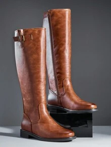 SHUZIA Botas altas de motorista con hebilla, puntera redonda y tacón ancho para mujer - Versátiles y cómodas