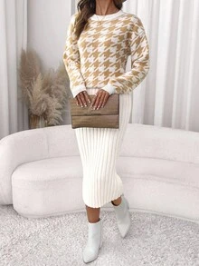 SHEIN Clasi Conjunto de 2 piezas de suéter de manga larga de cuello redondo con contraste blanco elegante y refinado para uso diario, y falda midi de rayas verticales de unicolor para otoño/invierno