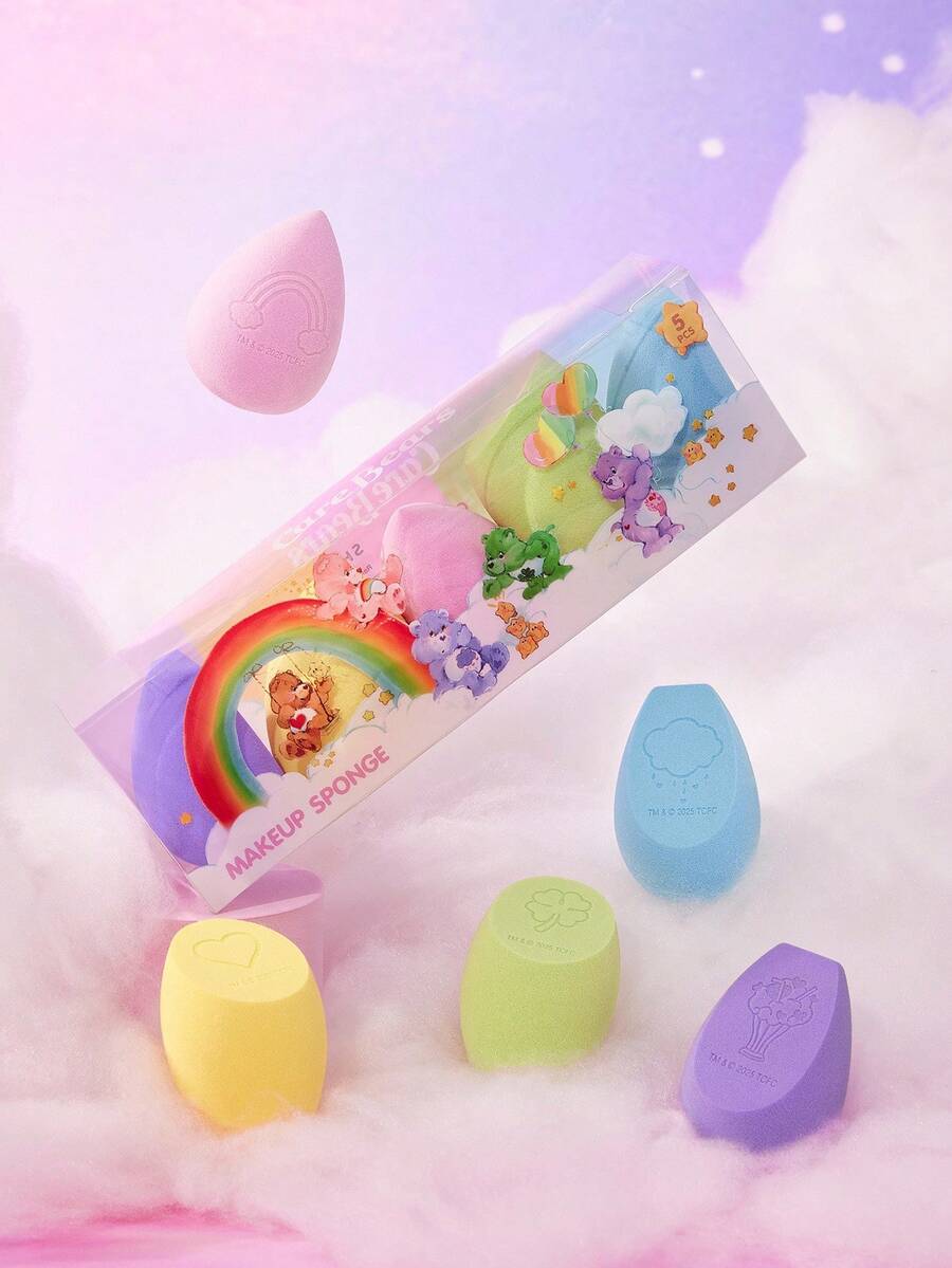 SHEIN X Care Bears Bộ 5 miếng mút trang điểm họa tiết hoạt hình dễ thương, chất liệu mềm mại, sử dụng liền mạch, dùng được cả khi ướt và khô, nở ra khi ướt, không thấm hút, nhiều cạnh cắt, thích hợp cho vùng da rộng và trang điểm chi tiết, gấu cổ vũ, gấu may mắn, gấu, gấu chia sẻ, gấu trái tim dịu dàng - Nhiều màu - Xem 1