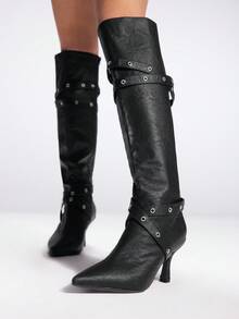 Sugerpunk 尖头细高跟时尚性感蛇皮网眼设计及膝靴，适合圣诞节、新年派对、约会之夜和春季休闲装 - 黑色 - 查看 3