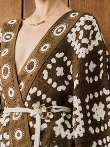 Chiquease 女式宽松刺绣钩针落肩长袖开衫 - 咖啡棕 - 查看 5