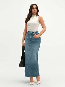 CLARA VERO Women's Solid Color Pocket Elegant Fashion Straight Denim Skirt - Baby Blue - View 4