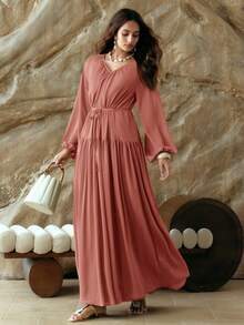 Revavyn Đầm suông cổ chữ V tay dài, eo rút dây, nhún bèo thanh lịch dành cho nữ, thích hợp mặc đi làm, du lịch và nghỉ dưỡng, mùa xuân/hè - Hồng - Xem 5