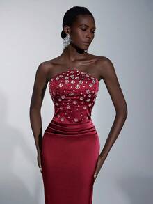 Elitara Elegante vestido largo de sirena con cintura fruncida, con adornos de strass hechos a mano y sin tirantes, adecuado para citas, vacaciones, bodas y eventos formales - Burdeos - Ver 4