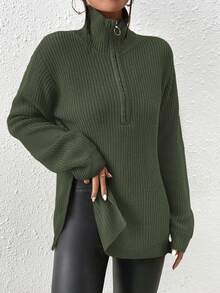 SHEIN Frenchy 半拉链落肩纹毛衣女士秋冬装 - 綠色 - 查看 5