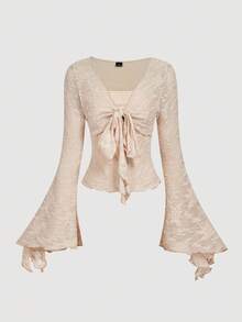 SHEIN MOD Blusa romántica y elegante con lazo delantero en color albaricoque, camiseta linda para mujer, disfraz de otoño/invierno con diseño calado para mujer, blusa pirata, disfraz de princesa, top para salir