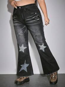 ROMWE Grunge Punk 大码秋冬垃圾朋克街头复古星形水洗做旧不对称磨损下摆牛仔裤，时尚秋季五角星渐变纹理水洗街头风格大码女式牛仔裤，大码音乐节派对秋冬女式牛仔裤 - 彩色 - 查看 6
