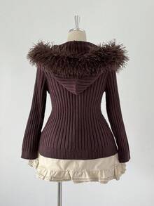 Sunspun Áo len cardigan thời trang màu trơn có khóa kéo cỡ lớn cho nữ - Cà phê nâu - Xem 5
