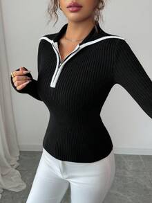 Elenzga Women's Elegant Fitted Zip-Up Contrast Color Collar Long Sleeve Sweater, Autumn/Winter - Black and White - View 6