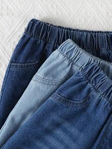 SHEIN Bộ 3 quần jeans phong cách thường ngày cho bé gái, màu xanh nhạt, xanh vừa, xanh đậm, dáng ôm, chất liệu denim cotton thoải mái, thích hợp mặc hàng ngày, xuân/hè/thu/đông - Nhiều màu - Xem 5