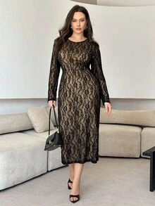 Modelyn Plus Size Solid Color Lace Long Sleeve Dress, Elegant - Black - View 4