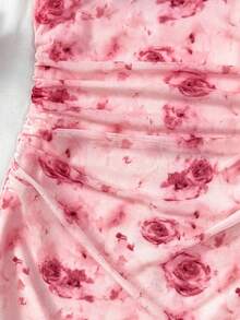 SHEIN Vestido de verano para adolescentes, nuevo año, día de San Valentín de color rosa y blanco con estampado floral de malla, cuello halter, para vacaciones/días festivos, vintage/playa/mar/elegante, vestido rosa con flores, vestido de verano - Rosa - Ver 8