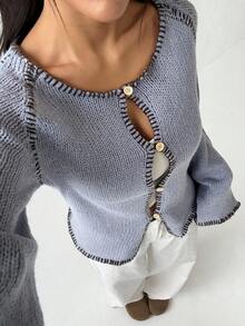 Flirla Casual Minimalist Versatile Button-Up Long Sleeve Women Cardigans - Grey - View 4
