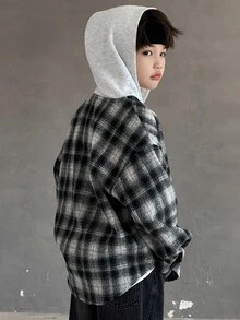 DAZY 男童（大童）格子连帽长袖衬衫