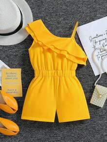 SHEIN Mono con cuello asimétrico y dobladillo con volantes en un unicolor para niña joven - Amarillo - Ver 3