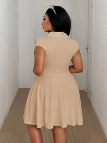 Maweii 大码 V 领褶饰腰部短袖连衣裙 - 杏色 - 查看 3