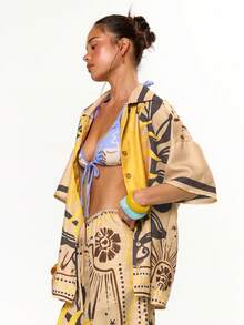 MUSERA 印花太阳图案纽扣短袖衬衫，适合度假、节日、休闲、优雅的托斯卡纳阳光海滩度假、伊比沙岛之旅，以及春夏穿着。 - 巧克力棕 - 查看 3