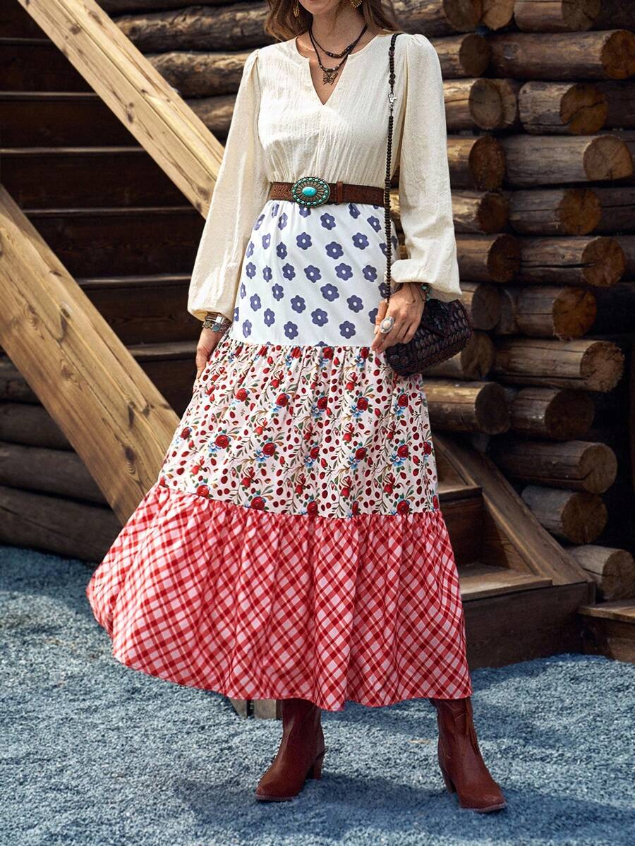 SHEIN LUNE Gaun Panjang Wanita Lengan Lentera Motif Patchwork - MultiWarna - View 1