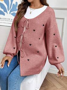 SHEIN Cardigan ample décontracté à manches tombantes avec motif en forme de cœur, à nouer devant. Hauts décontractés pour femmes. Chandail oversize pour femmes enceintes. Vêtements de maternité pour l'automne et l'hiver. Chandail avec nœud.