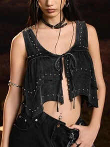 Easelle Camiseta de tirantes con decoración de cuentas y cordones, de moda para mujer, para el verano - Negro - Ver 7