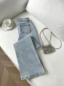 Elamini Quần Jeans Nữ Ống Loe Thường Ngày Đa Năng - Rửa trung bình - Xem 2