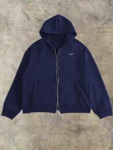 Manfinity Dauomo Men's Casual Letter Embroidery Zip-Up Hoodie Sweatshirt, Autumn - Blue - View 3