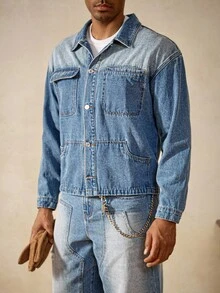 Manfinity Homme Ensemble veste et jeans multi-poches lavés pour homme, vêtements d'automne - Bleu azur - Voir 4