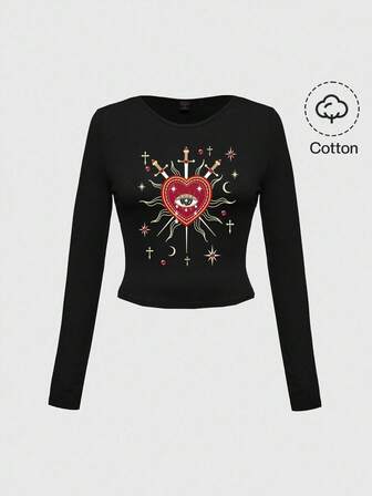 T-shirt femme à manches longues, ajusté, noir, sexy et vintage avec des motifs gothiques sombres et mystérieux : palais luxueux, croix, cœur, épée, œil, gemme, soleil, lune, étoile pour Halloween