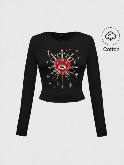 Goth Camiseta de manga larga ajustada y sexy para mujer, de estilo vintage, con diseño gótico, misterioso y lujoso de palacio, que incluye cruz, corazón, espada, ojo, gema, sol, luna y estrella