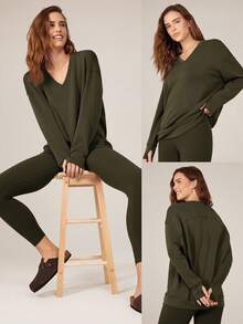 GLOWMODE Modal V-Neck Long Sleeve Sweater Fall - Army Green - View 6
