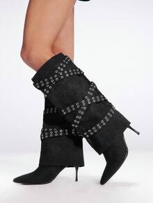 Sugerpunk Women's New Pointed Toe Stiletto Heel Studded Thigh High Boots, Black - Black - View 2