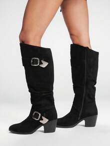 Sugerpunk Women's Dark Punk Goth Y2K Lace-Up Biker Boots, Motorcycle Knight Boots, Streetwear Buckle Strap Western Knee-High Boots - Black - View 4