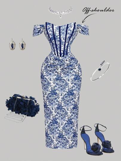 SHEIN MOD Women's Blue & White Floral Print Off-Shoulder Bodycon Dress, Blue And White Floral Dress, Corset Midi Dress,Country Concert Outfit ,Elegant Dresses,Party Dress,Wedding Guest Dress For Women ,Off-Shoulder Slit Dress,Spring/Summer  Dress,Tea Party,Holidays,Formal Dress