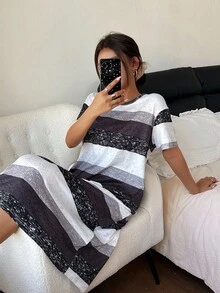 SHEIN Áo ngủ nữ tay ngắn kẻ sọc, cổ tròn, kiểu dáng mùa hè, kiểu váy ngủ Moo Moo. - Đen và trắng - Xem 5