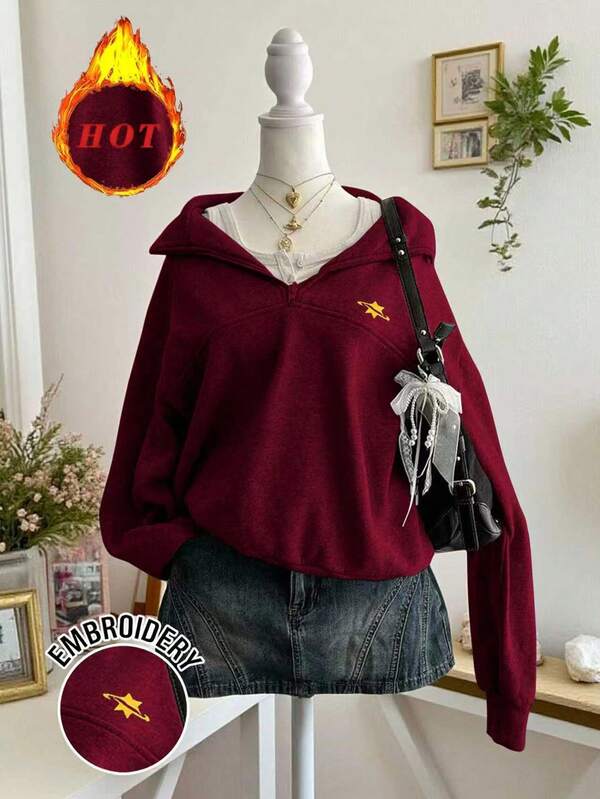 INAWLY هوديي مبطن حراري مطبوع بنجمة خماسية مع أكتاف منسدلة وسحاب للنساء ذوات الحجم الكبير في فصلي الخريف والشتاء