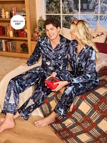 Manfinity CoupledUp Valentinstag Paar Passende Lustige Weihnachten Faux Seide Pyjama Hemd & Hose Set für Herren, Herbst Winter Kleidung Passende Paar Pyjama Set