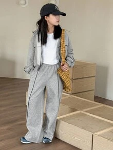 DAZY 两件套少女连帽针织抓绒卫衣裤套装，秋冬季 - 灰色 - 查看 4