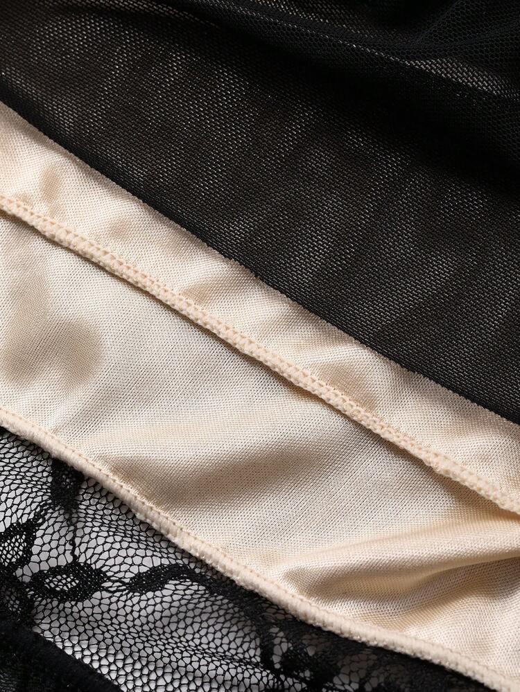 Black Lace Patchwork Sheer Mesh Adjustable Waist Sexy Nightgown For Women Lingerie For Women