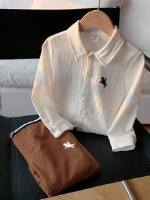 SHEIN 2pcs Kids/Tween Boys' Casual Everyday Printed Pattern Collared Open Front Loose Long Sleeve Solid Shirt And Straight Loose Pants Set, Suitable For School, Garden, Beach, Birthday, Spring, Summer, Autumn, Winter Fall - Brown - View 6