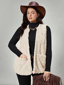 SHEIN LUNE 大码女式休闲毛绒纹理双口袋前开背心，适合秋季大码秋装 - 米色 - 查看 5